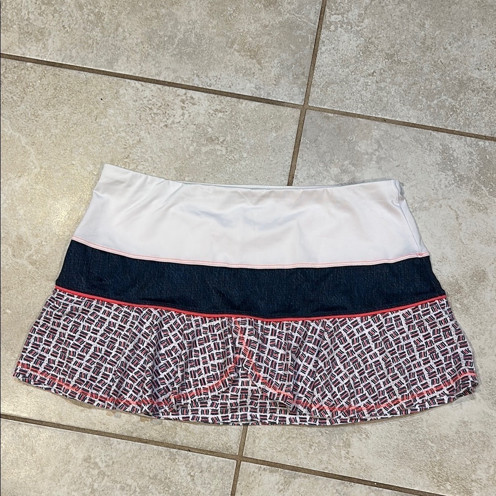 Lucky In Love White Denim Neon Orange Ruffle Tennis Skirt XL Skort